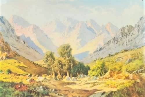 TINUS DE JONGH (1885-1942) CAPE MOUNTAINS VINTAGE WOODEN FRAMED PRINT