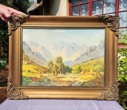 TINUS DE JONGH (1885-1942) CAPE MOUNTAINS VINTAGE WOODEN FRAMED PRINT