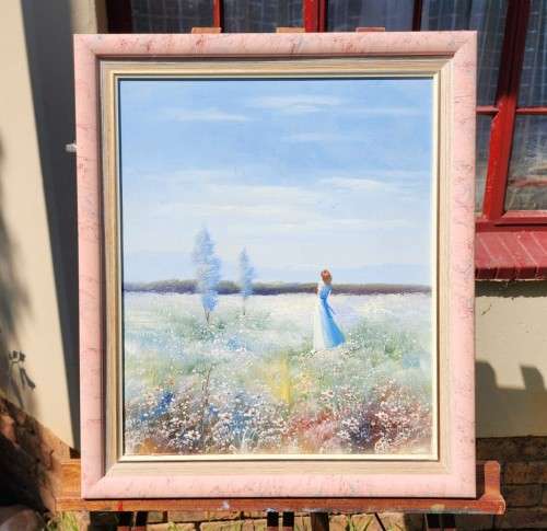 GIRL IN FLOWER FIELD ORIGINAL OIL PAINTING SIGNED BY ARTIST KENIA OR KANIA