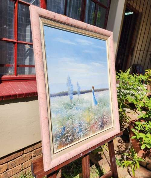 GIRL IN FLOWER FIELD ORIGINAL OIL PAINTING SIGNED BY ARTIST KENIA OR KANIA