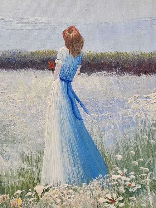 GIRL IN FLOWER FIELD ORIGINAL OIL PAINTING SIGNED BY ARTIST KENIA OR KANIA
