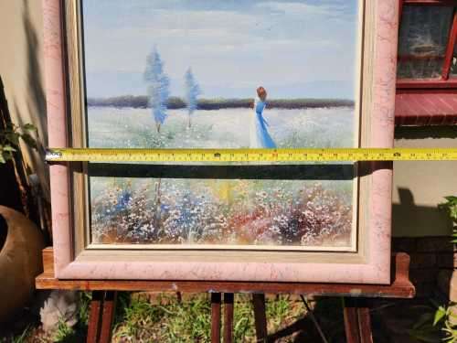 GIRL IN FLOWER FIELD ORIGINAL OIL PAINTING SIGNED BY ARTIST KENIA OR KANIA