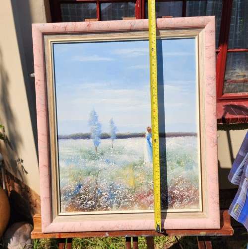 GIRL IN FLOWER FIELD ORIGINAL OIL PAINTING SIGNED BY ARTIST KENIA OR KANIA