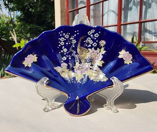 ORNATE DECORATIVE PEACOCK JAPANESE CERAMIC ASIAN FAN