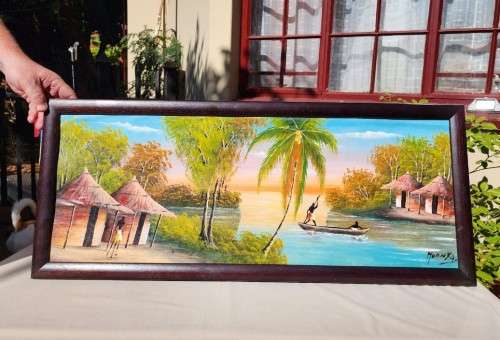 AFRICAN VILLAGE RIVER SCENE PAINTING SIGNED MUANYA