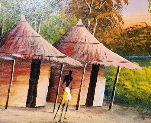 AFRICAN VILLAGE RIVER SCENE PAINTING SIGNED MUANYA