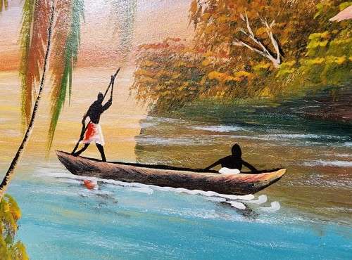 AFRICAN VILLAGE RIVER SCENE PAINTING SIGNED MUANYA
