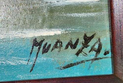 AFRICAN VILLAGE RIVER SCENE PAINTING SIGNED MUANYA