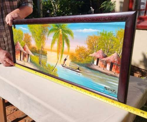 AFRICAN VILLAGE RIVER SCENE PAINTING SIGNED MUANYA