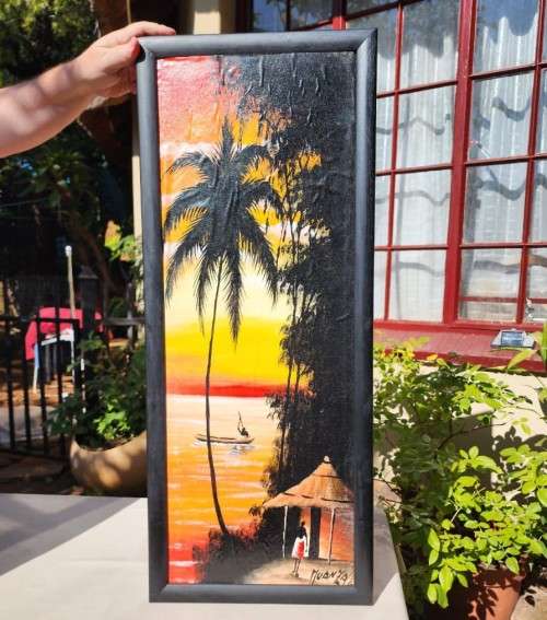 PALM TREE AFRICAN SUNSET RIVER SCENE PAINTING SIGNED MUANYA