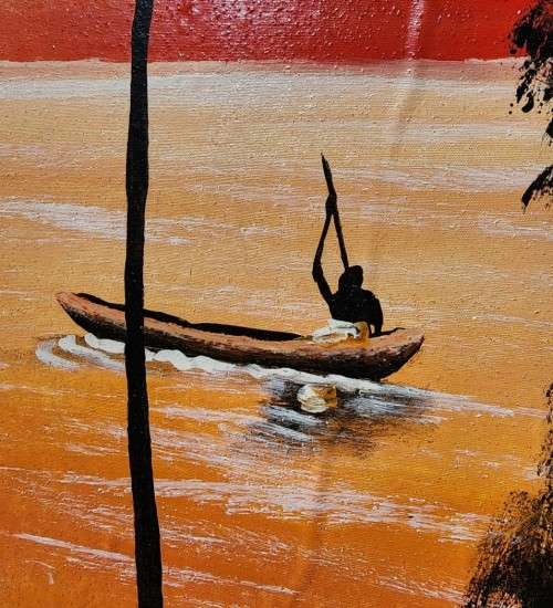 PALM TREE AFRICAN SUNSET RIVER SCENE PAINTING SIGNED MUANYA