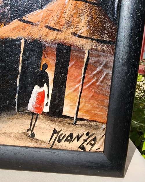 PALM TREE AFRICAN SUNSET RIVER SCENE PAINTING SIGNED MUANYA