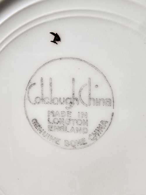 COLCOUGH CHINA TRIO IN HARLEQUIN BALLET LEMON YELLOW PATTERN (2ND OF 6) - WW2 ERA 1939 MARK