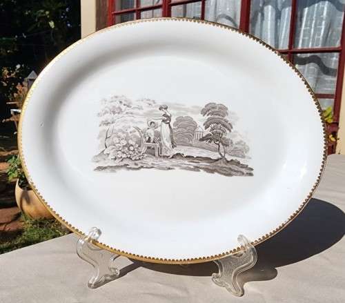 ANTIQUE (1800-1820) EARLY SPODE CHARCOAL BLACK BAT PRINTED PATTERN TRAY