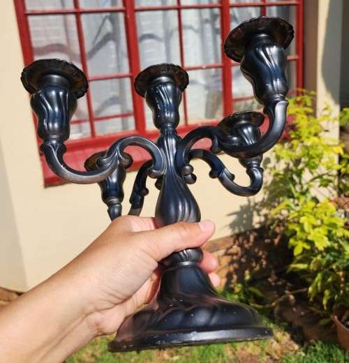 CLASSICAL STYLE BLACK PAINTED ALUMINIUM 5-PILLAR CANDELABRUM LARGE 25CM HIGH