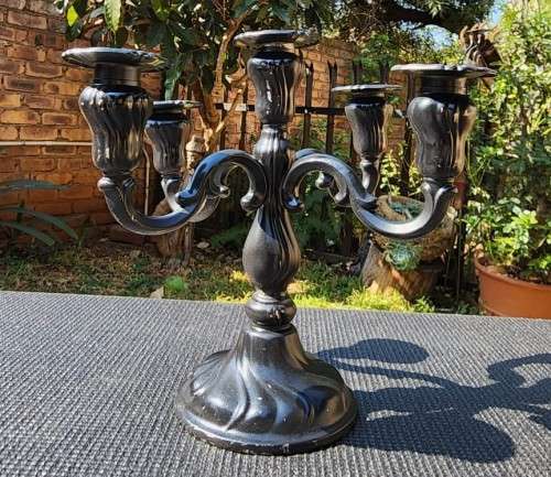 CLASSICAL STYLE BLACK PAINTED ALUMINIUM 5-PILLAR CANDELABRUM LARGE 25CM HIGH