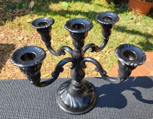 CLASSICAL STYLE BLACK PAINTED ALUMINIUM 5-PILLAR CANDELABRUM LARGE 25CM HIGH