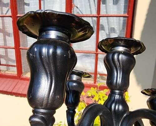 CLASSICAL STYLE BLACK PAINTED ALUMINIUM 5-PILLAR CANDELABRUM LARGE 25CM HIGH