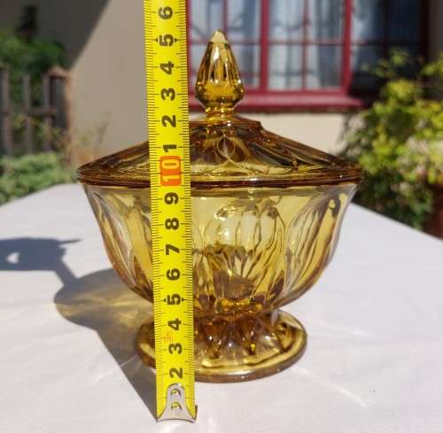 VINTAGE 1970S ANCHOR HOCKING USA AMBER GLASS LIDDED CANDY BOWL