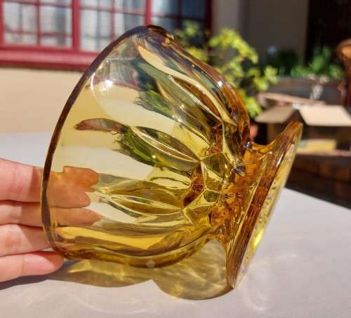 VINTAGE 1970S ANCHOR HOCKING USA AMBER GLASS LIDDED CANDY BOWL