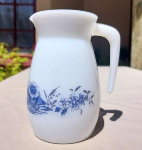 CUTE SMALL MILK GLASS PITCHER WITH BLUE FLOWERS DESIGN