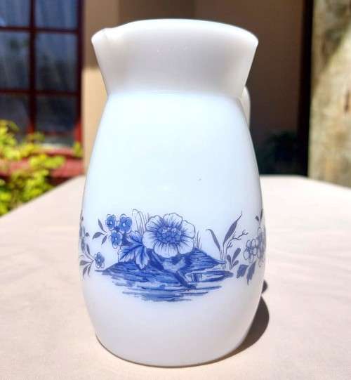 CUTE SMALL MILK GLASS PITCHER WITH BLUE FLOWERS DESIGN