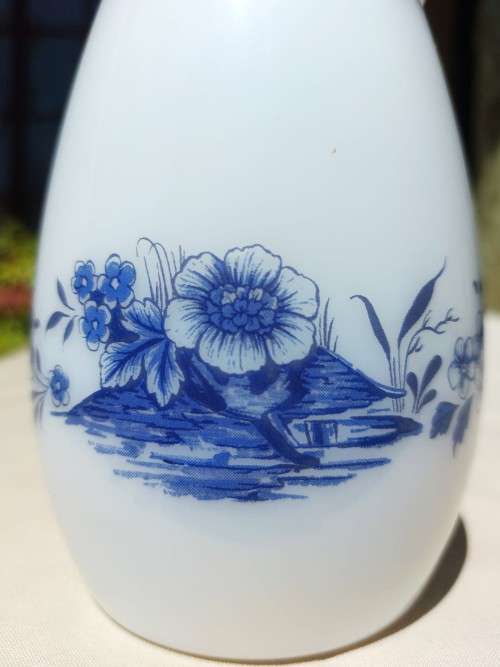 CUTE SMALL MILK GLASS PITCHER WITH BLUE FLOWERS DESIGN