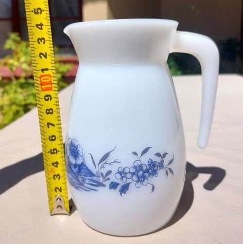 CUTE SMALL MILK GLASS PITCHER WITH BLUE FLOWERS DESIGN