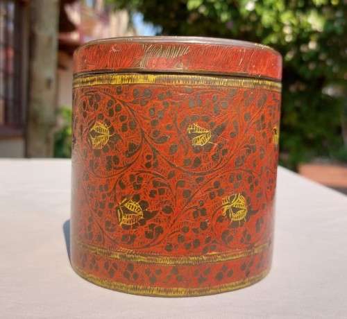 VERY OLD INTRICATELY ENGRAVED BRASS ENAMELLED CYLINDRICAL CANNISTER WITH LID