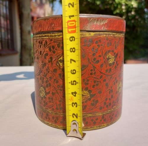 VERY OLD INTRICATELY ENGRAVED BRASS ENAMELLED CYLINDRICAL CANNISTER WITH LID