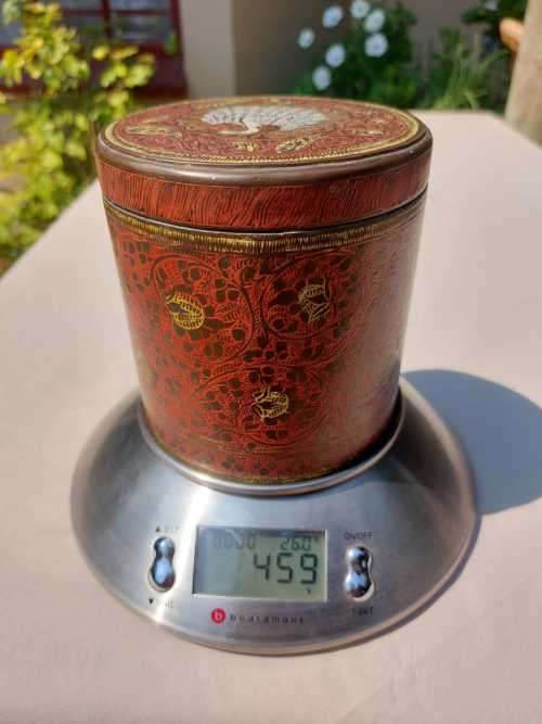 VERY OLD INTRICATELY ENGRAVED BRASS ENAMELLED CYLINDRICAL CANNISTER WITH LID