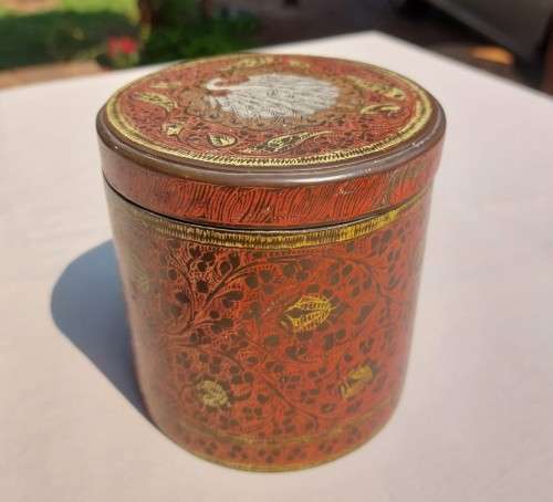 VERY OLD INTRICATELY ENGRAVED BRASS ENAMELLED CYLINDRICAL CANNISTER WITH LID