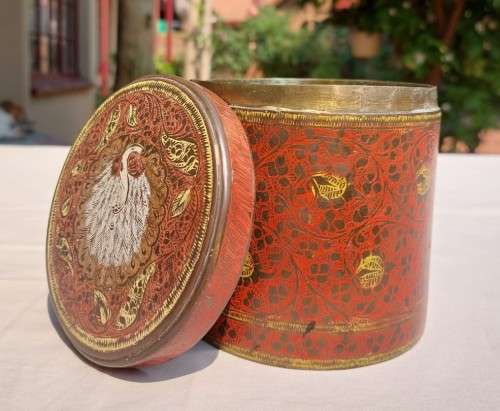 VERY OLD INTRICATELY ENGRAVED BRASS ENAMELLED CYLINDRICAL CANNISTER WITH LID