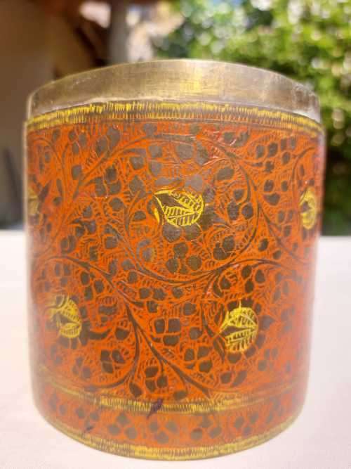 VERY OLD INTRICATELY ENGRAVED BRASS ENAMELLED CYLINDRICAL CANNISTER WITH LID