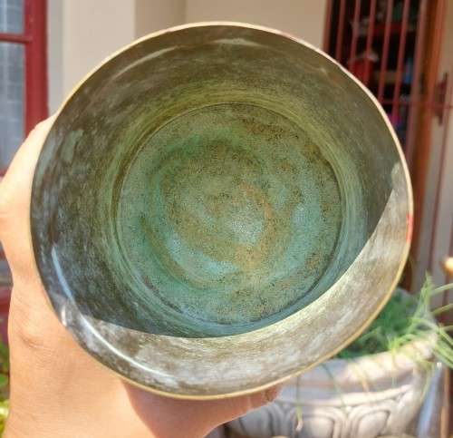 VERY OLD INTRICATELY ENGRAVED BRASS ENAMELLED CYLINDRICAL CANNISTER WITH LID