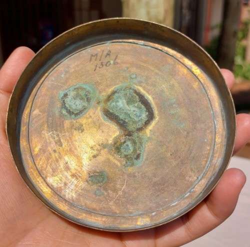 VERY OLD INTRICATELY ENGRAVED BRASS ENAMELLED CYLINDRICAL CANNISTER WITH LID