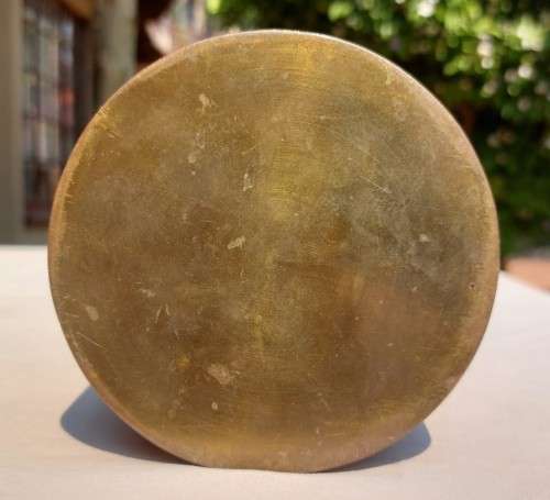 VERY OLD INTRICATELY ENGRAVED BRASS ENAMELLED CYLINDRICAL CANNISTER WITH LID