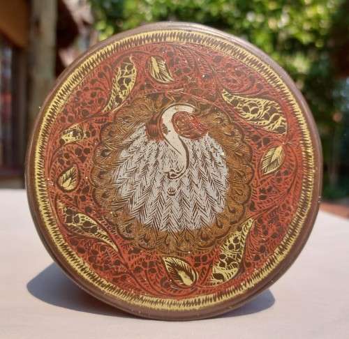 VERY OLD INTRICATELY ENGRAVED BRASS ENAMELLED CYLINDRICAL CANNISTER WITH LID