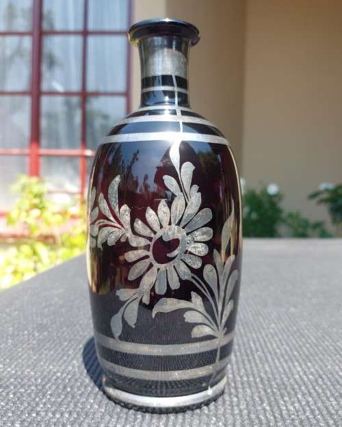 VINTAGE CZECH SILVER OVERLAID VASE WITH HAND PAINTED FLOWER DESIGN