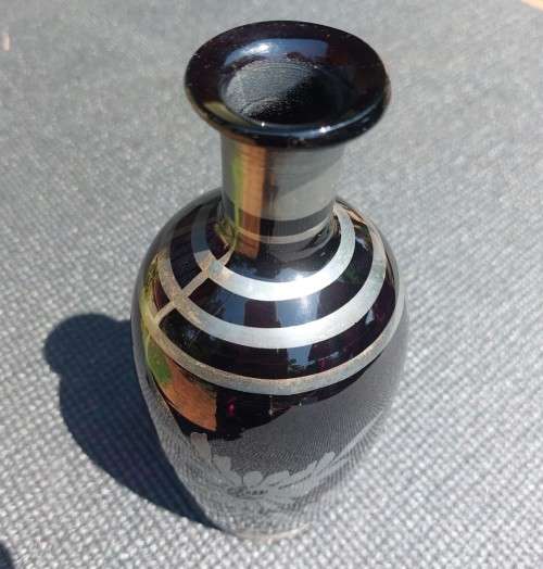 VINTAGE CZECH SILVER OVERLAID VASE WITH HAND PAINTED FLOWER DESIGN