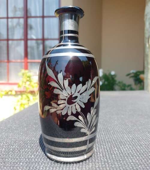 VINTAGE CZECH SILVER OVERLAID VASE WITH HAND PAINTED FLOWER DESIGN
