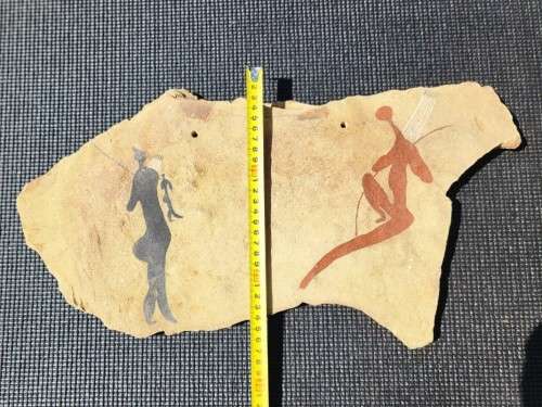 SAN FIGURES WITH BOW AND ARROWS MODERN IMITATION SAN BUSHMEN ROCK ART ON SLATE LARGE 50CM WIDE