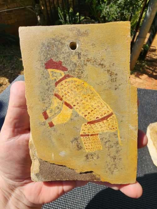 SAN DRESSED MODERN IMITATION SAN BUSHMEN ROCK ART ON SLATE MARKED M PAYNE SHELTER NO 3