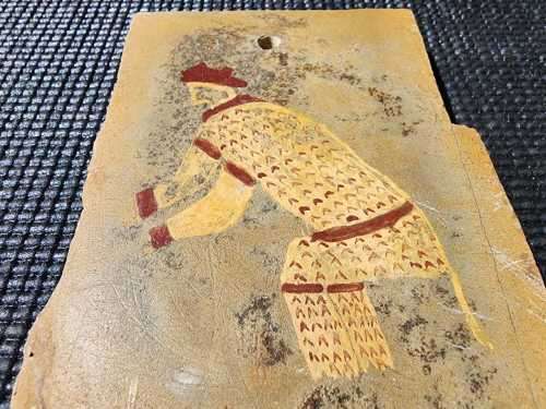 SAN DRESSED MODERN IMITATION SAN BUSHMEN ROCK ART ON SLATE MARKED M PAYNE SHELTER NO 3