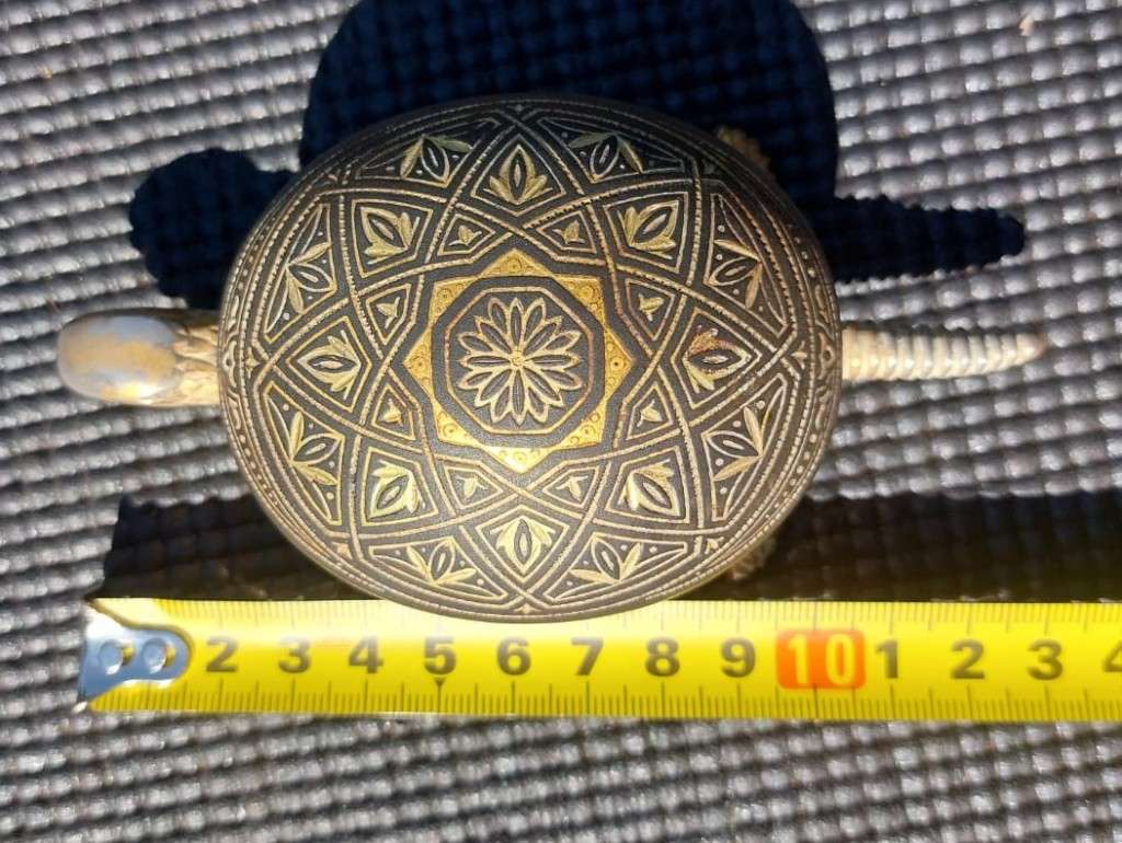RARE VINTAGE 1920S-1940S BOJ EIBAR SPAIN BRASS DAMASCENE GEOMETRIC ENGRAVED TORTOISE RECEPTION BELL