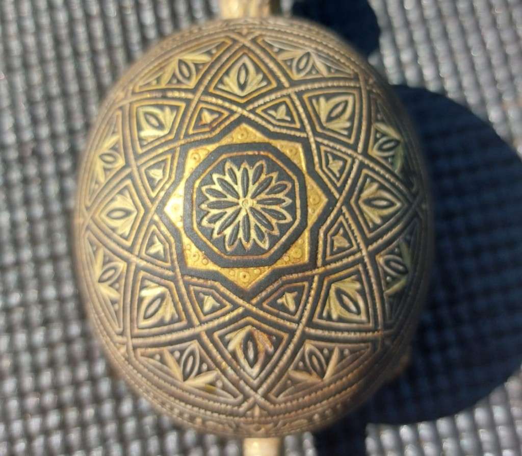 RARE VINTAGE 1920S-1940S BOJ EIBAR SPAIN BRASS DAMASCENE GEOMETRIC ENGRAVED TORTOISE RECEPTION BELL