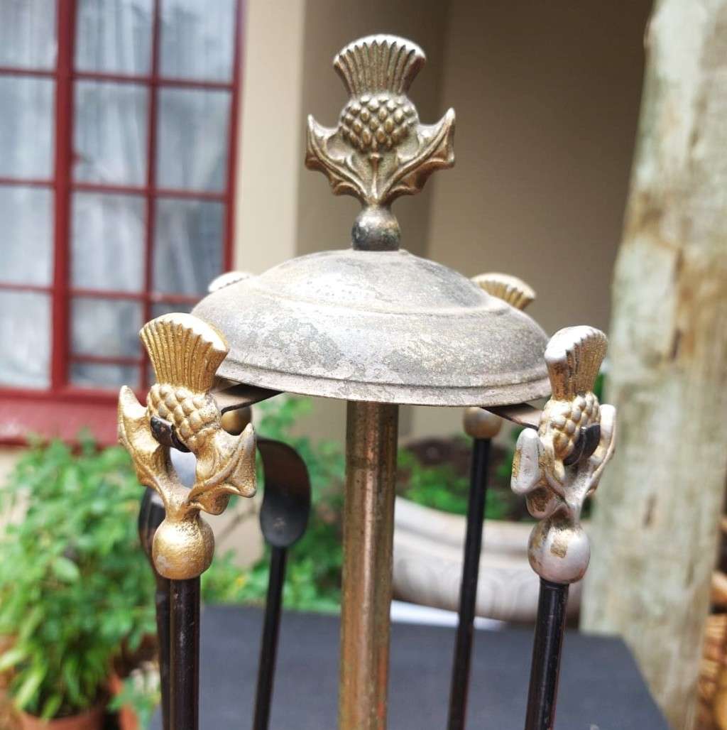 VINTAGE BRASS FINISH METAL FIREPLACE TOOL SET WITH ROMAN SOLDIER PLUME HELMET DESIGN 64CM HIGH