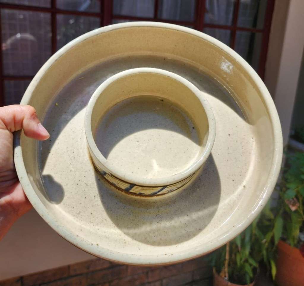 HAND PAINTED EARTHENWARE CHIP AND DIP DISH