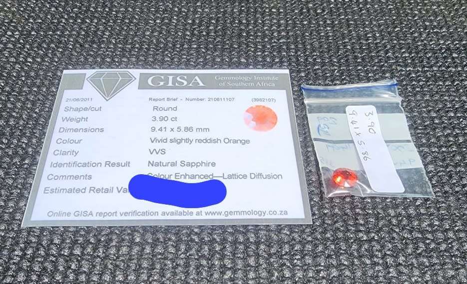 FIERY ORANGE GISA CERTIFIED 3.90CT SAPPHIRE GEMSTONE WITH LOVELY ROUND CUT  THERMAL HIGH - ONE OF 4