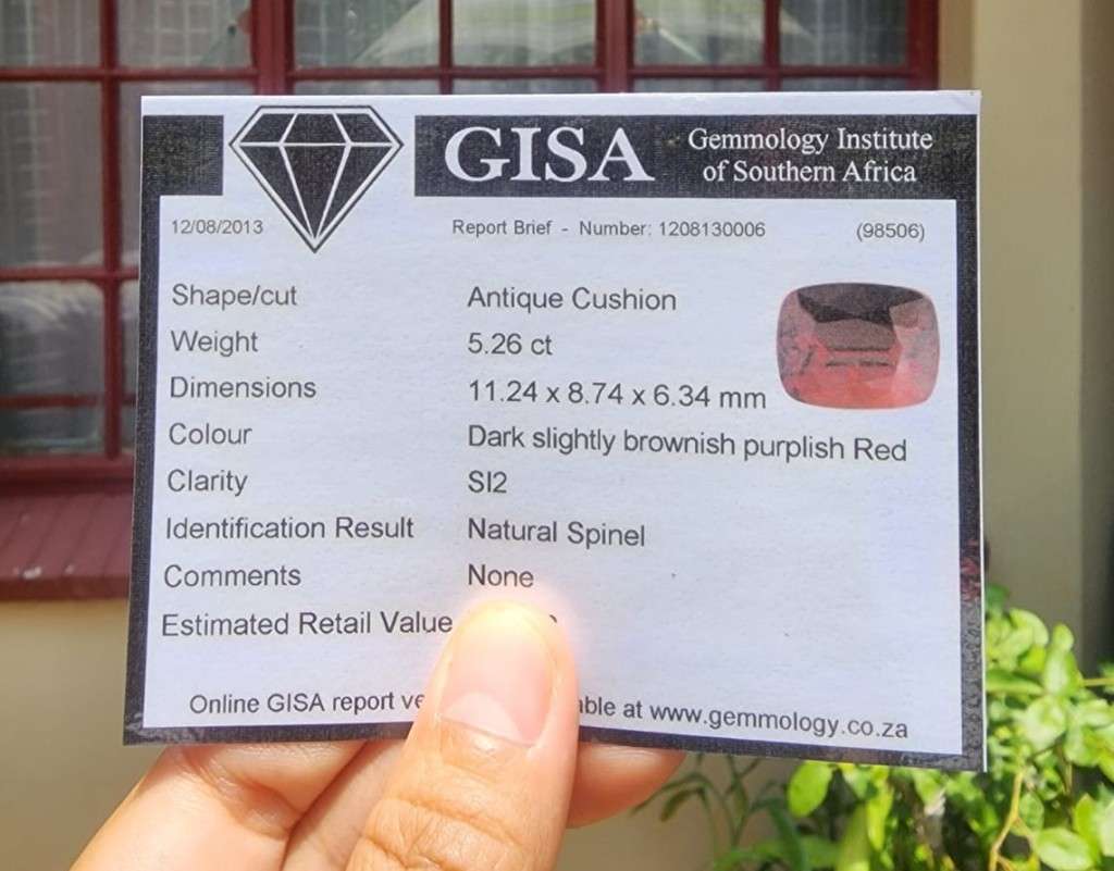 PURPLISH RED GISA CERTIFIED 5.25CT NATURAL SPINEL (RARER THAN RUBIES) GEMSTONE WITH ANTIQUE CUSHION